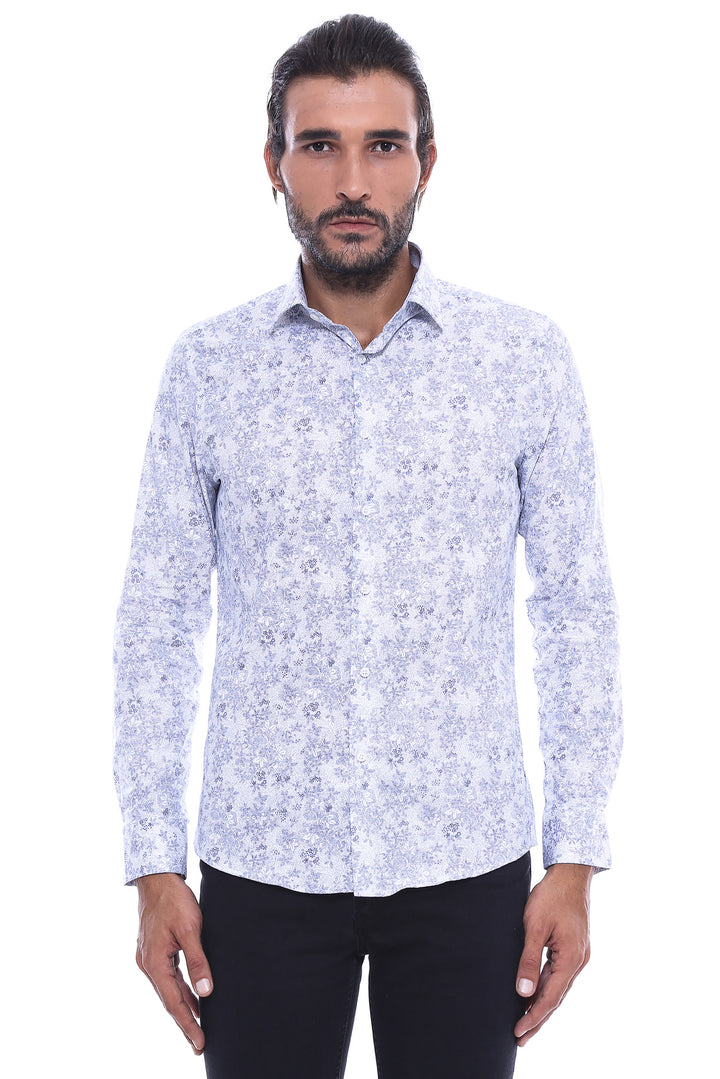 Grey Flower Patterned Slim Fit Shirt | Wessi