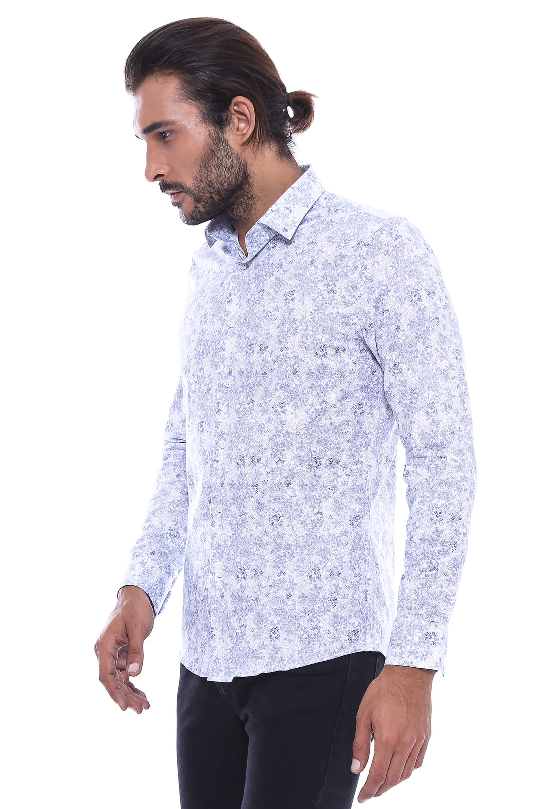 Grey Flower Patterned Slim Fit Shirt | Wessi