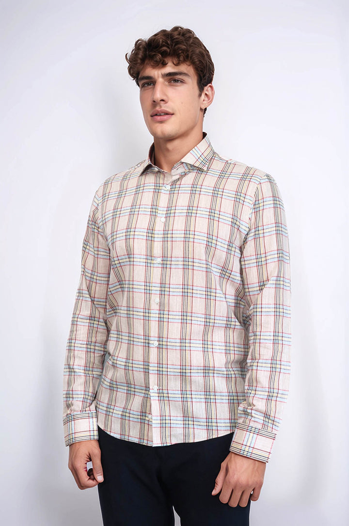 قميص بيج منقوش بقصّة Slim-Fit | ويسي - ويسي
