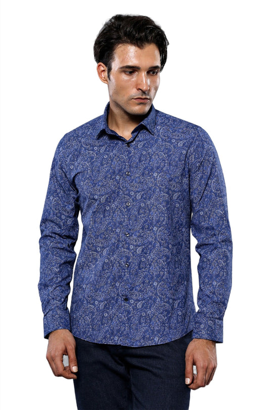 Damask Pattern Long Sleeves Men Blue Shirt - Wessi