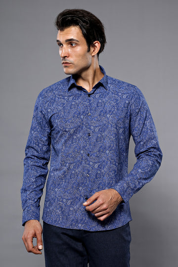 Damask Pattern Long Sleeves Men Blue Shirt - Wessi