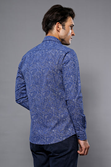 Damask Pattern Long Sleeves Men Blue Shirt - Wessi