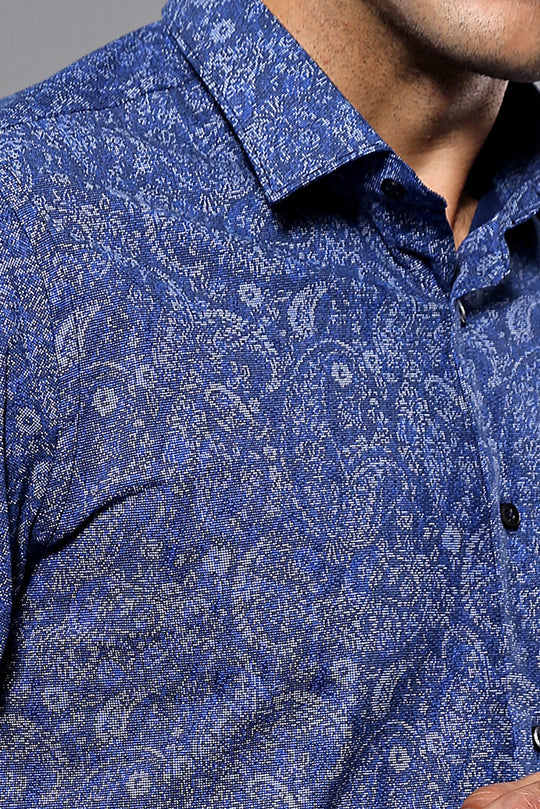 Damask Pattern Long Sleeves Men Blue Shirt - Wessi