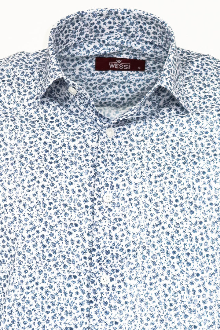 Blue Floral Patterned Slim Fit White Men Shirt - Wessi