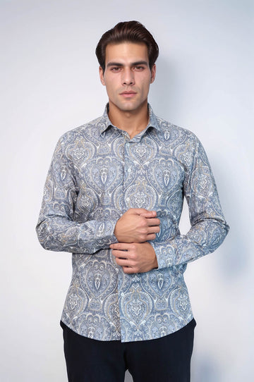 Синяя рубашка узкого кроя с дамасским узором - Wessi
