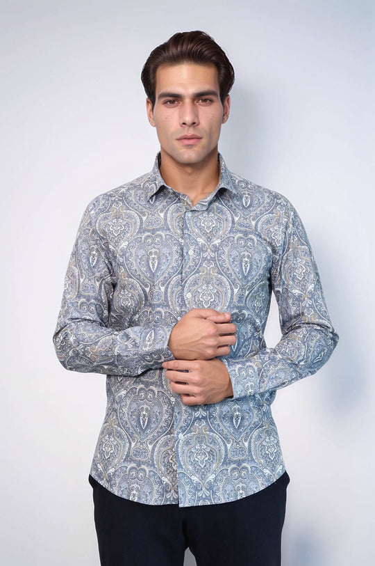 Синяя рубашка узкого кроя с дамасским узором - Wessi