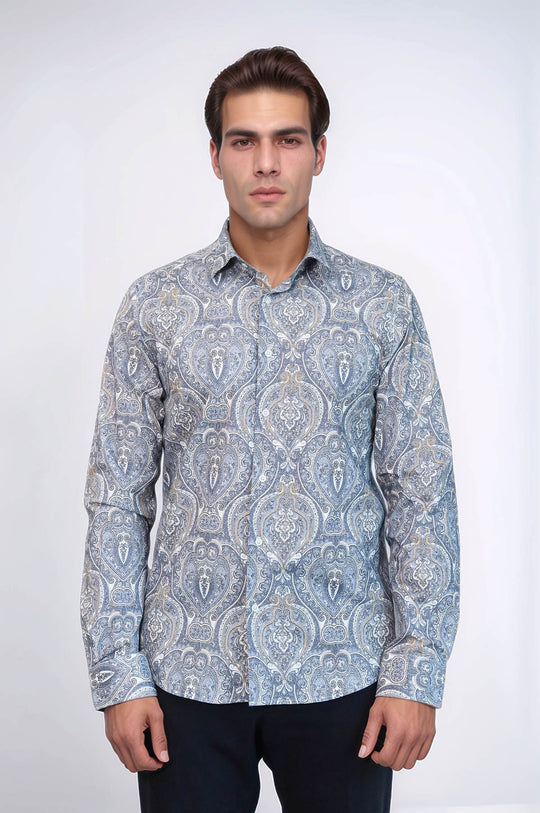 Синяя рубашка узкого кроя с дамасским узором - Wessi