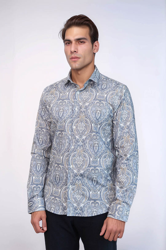 Синяя рубашка узкого кроя с дамасским узором - Wessi