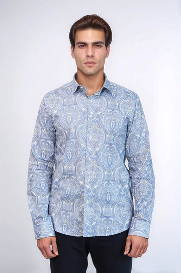 Синяя рубашка узкого кроя с дамасским узором - Wessi