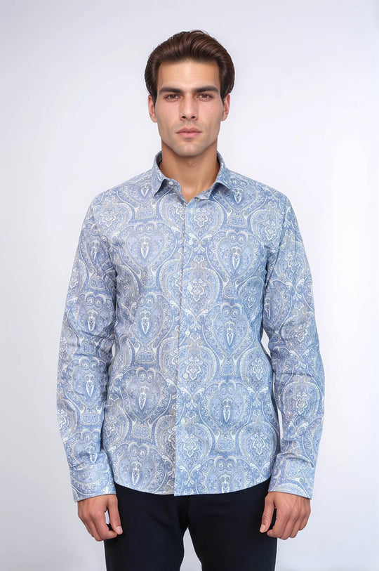 Синяя рубашка узкого кроя с дамасским узором - Wessi