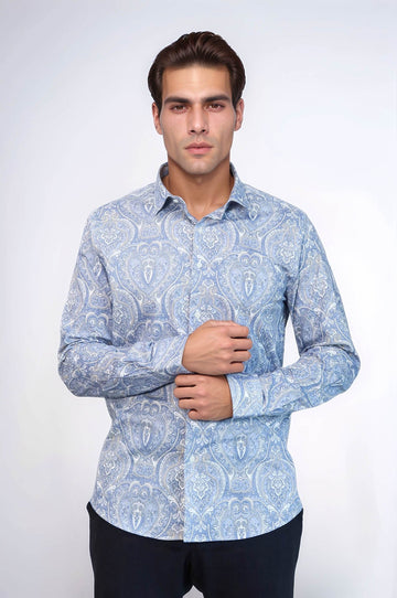Синяя рубашка узкого кроя с дамасским узором - Wessi