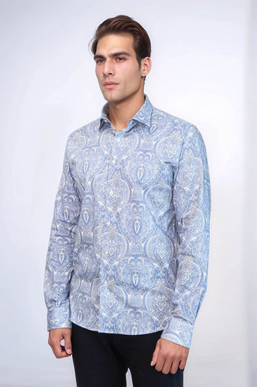 Синяя рубашка узкого кроя с дамасским узором - Wessi