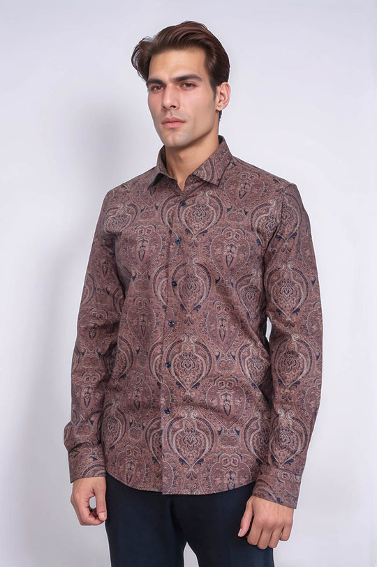 Camisa de hombre marrón estampada slim fit - Wessi
