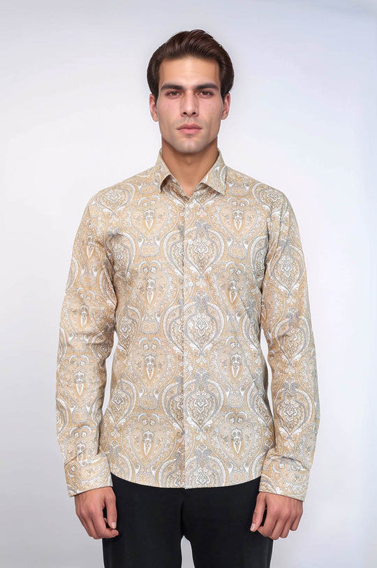Бежевая мужская рубашка узкого кроя с рисунком - Wessi