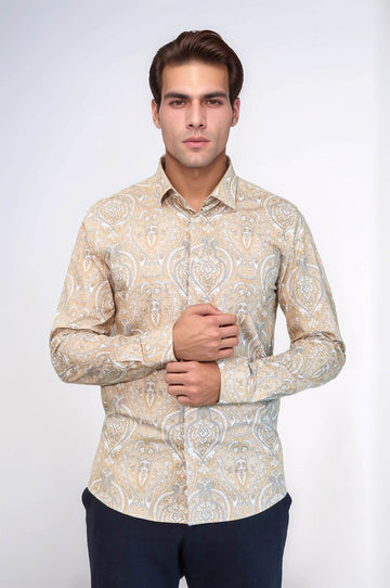Бежевая мужская рубашка узкого кроя с рисунком - Wessi