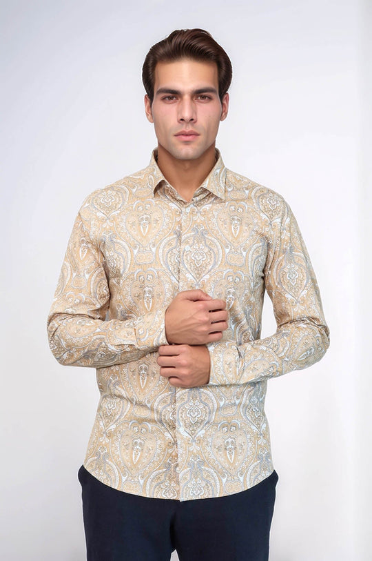 Бежевая мужская рубашка узкого кроя с рисунком - Wessi
