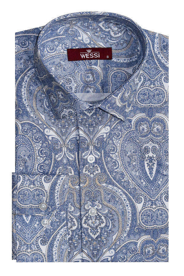 Damask Pattern Slim Fit Long Sleeves Blue Men Shirt - Wessi