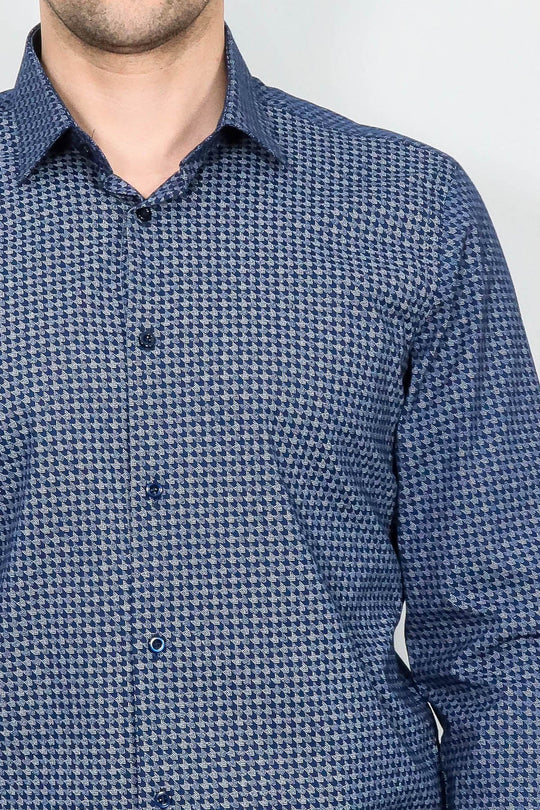 Houndstooth Pattern Slim Fit Navy Blue Men Shirt - Wessi