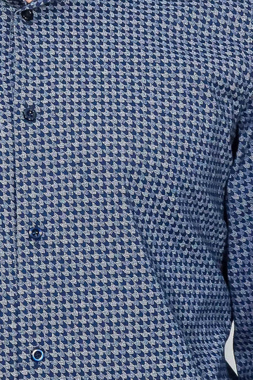 Houndstooth Pattern Slim Fit Navy Blue Men Shirt - Wessi