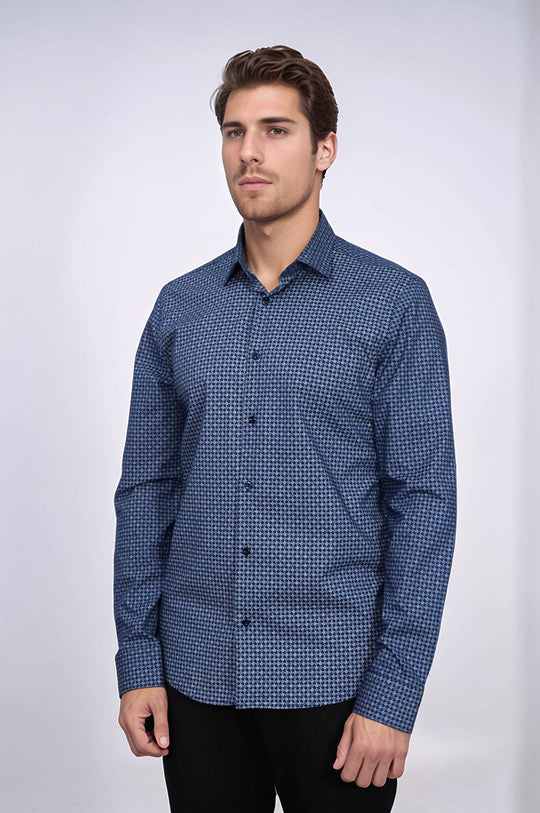 Houndstooth Pattern Slim Fit Navy Blue Men Shirt - Wessi