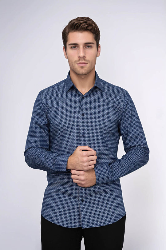 Houndstooth Pattern Slim Fit Navy Blue Men Shirt - Wessi