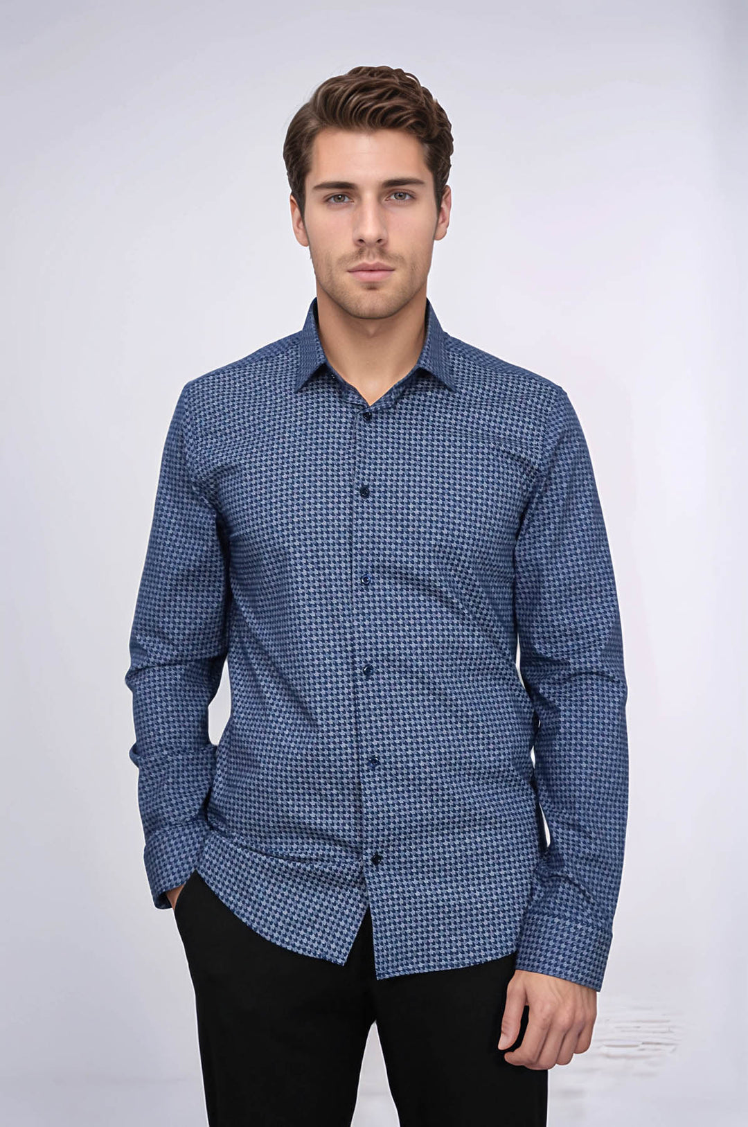 Houndstooth Pattern Slim Fit Navy Blue Men Shirt - Wessi