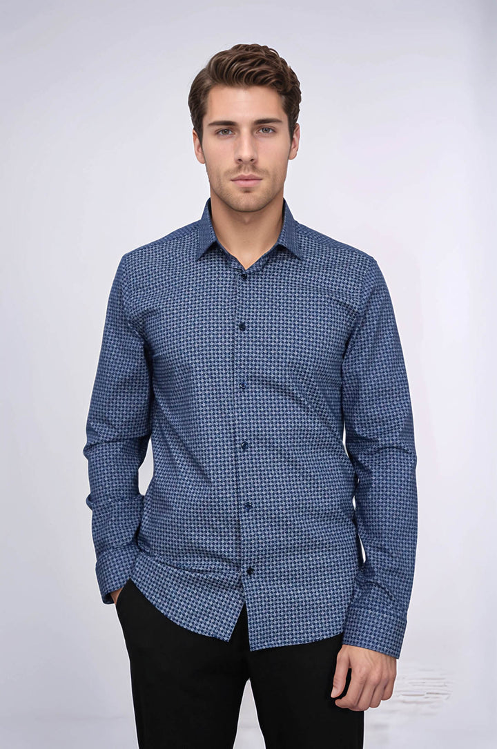 Houndstooth Pattern Slim Fit Navy Blue Men Shirt - Wessi