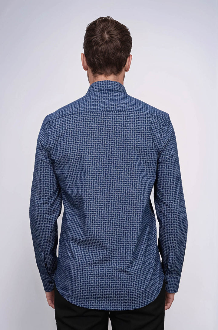 Houndstooth Pattern Slim Fit Navy Blue Men Shirt - Wessi