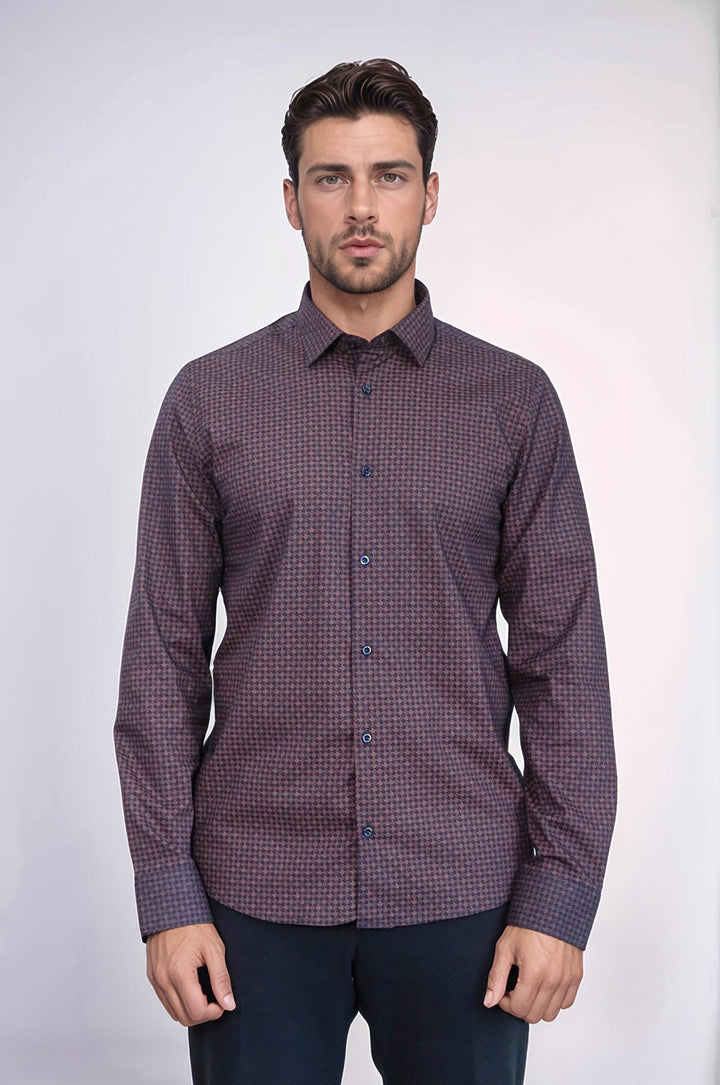 Houndstooth Pattern Slim Fit Brown Men Shirt - Wessi