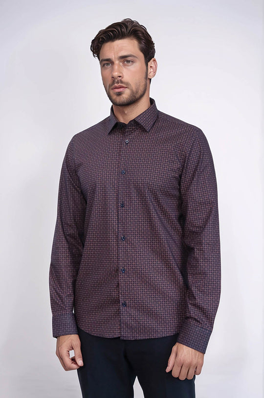 Camicia da uomo marrone slim fit con motivo pied de poule - Wessi