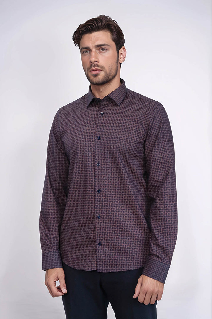 Houndstooth Pattern Slim Fit Brown Men Shirt - Wessi