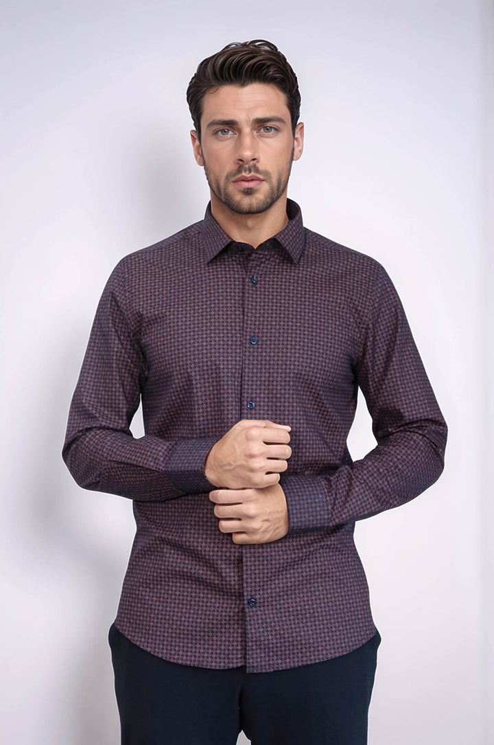 Houndstooth Pattern Slim Fit Brown Men Shirt - Wessi