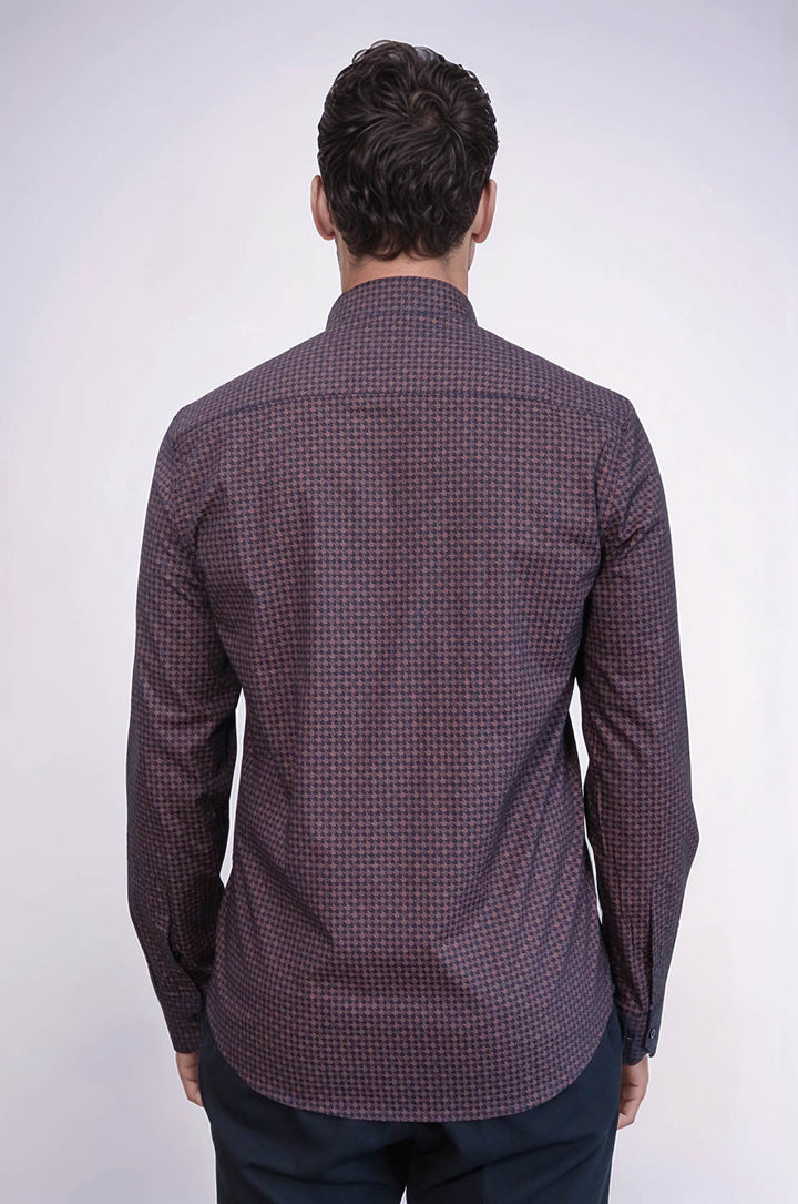 Houndstooth Pattern Slim Fit Brown Men Shirt - Wessi