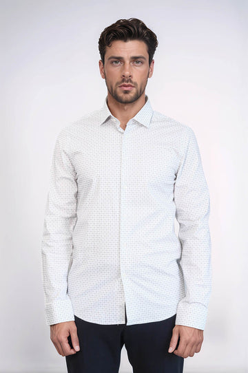 Houndstooth Pattern Slim Fit Ecru Men Shirt - Wessi