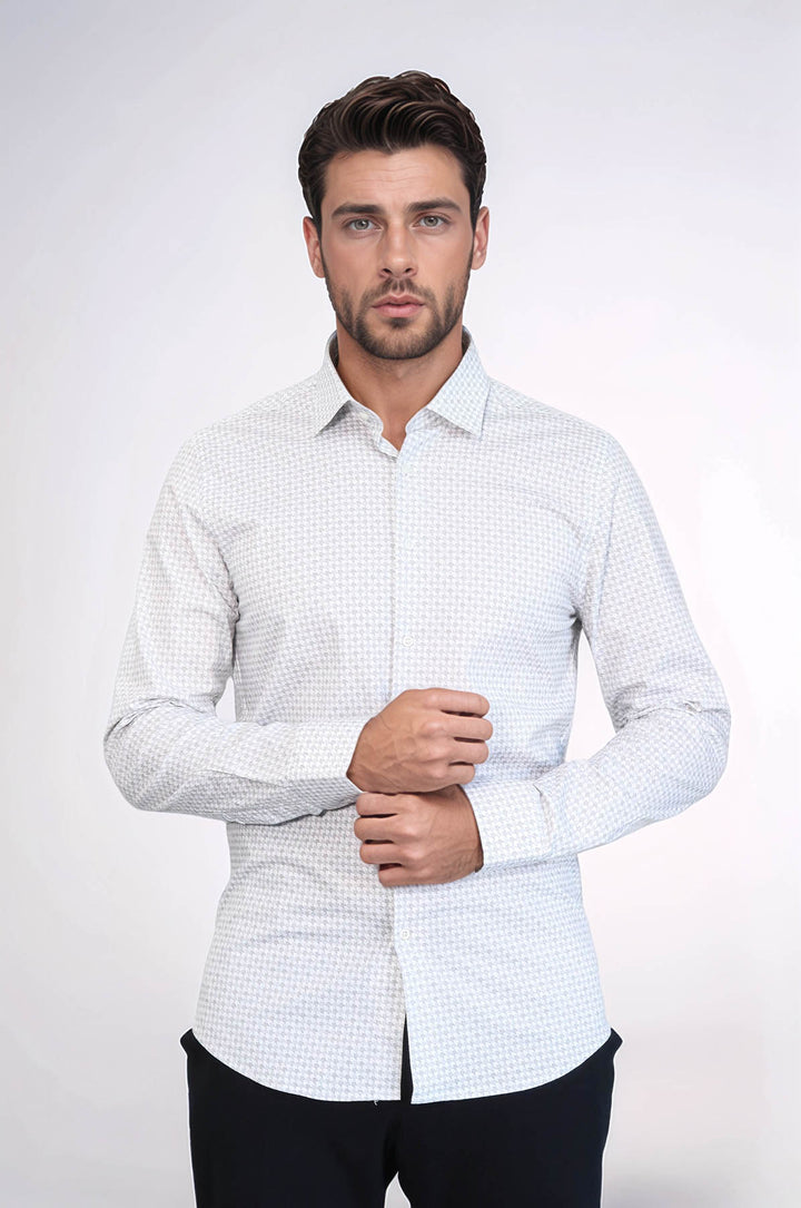 Houndstooth Pattern Slim Fit Ecru Men Shirt - Wessi