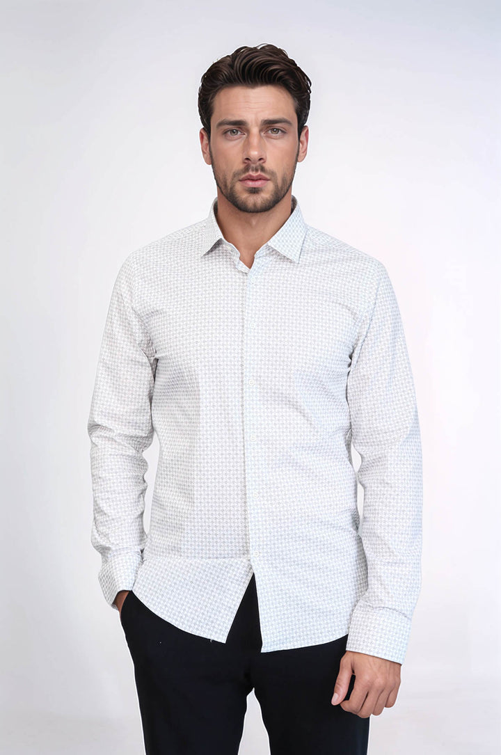 Houndstooth Pattern Slim Fit Ecru Men Shirt - Wessi