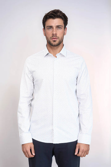 Houndstooth Pattern Slim Fit White Men Shirt - Wessi