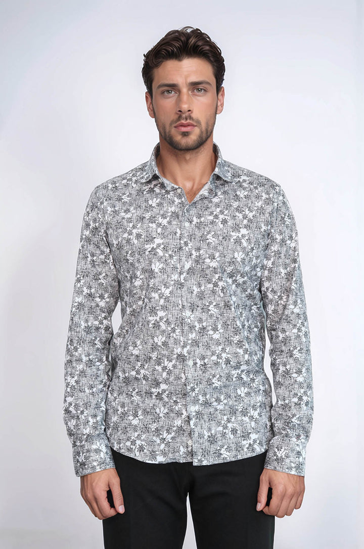 Camicia da uomo grigia slim fit con fantasia Bloom - Wessi