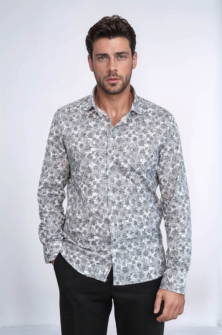 Camicia da uomo grigia slim fit con fantasia Bloom - Wessi