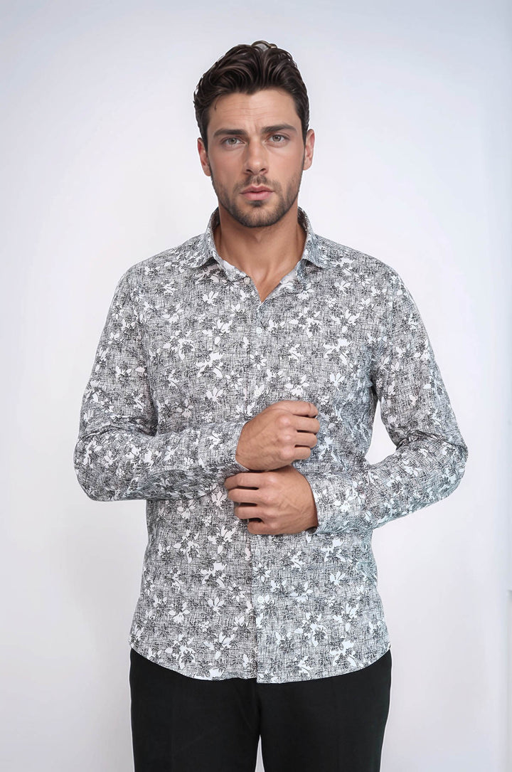 Camicia da uomo grigia slim fit con fantasia Bloom - Wessi