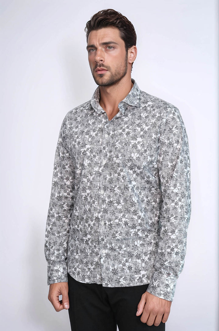 Camicia da uomo grigia slim fit con fantasia Bloom - Wessi