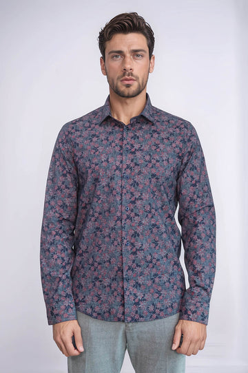 Chemise Homme Bleu Marine Coupe Slim à Motifs Bloom - Wessi