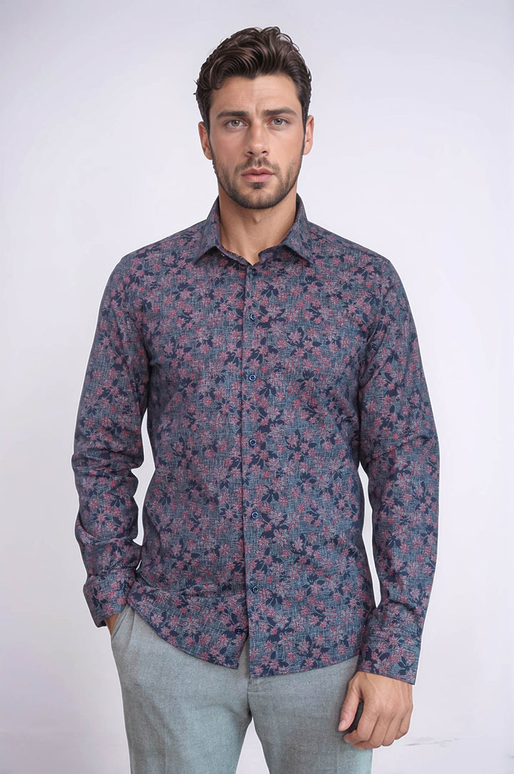 Chemise Homme Bleu Marine Coupe Slim à Motifs Bloom - Wessi