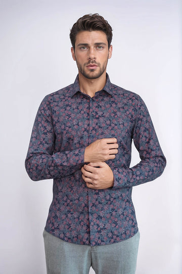 Chemise Homme Bleu Marine Coupe Slim à Motifs Bloom - Wessi