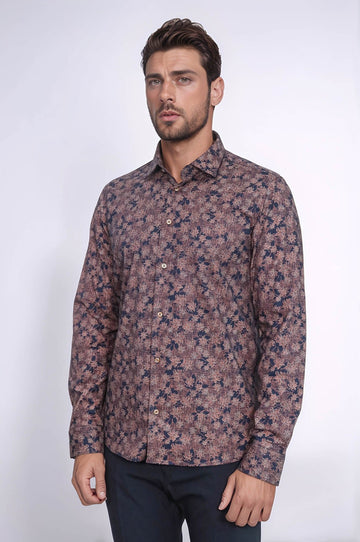 Bloom Patterned Brown Slim Fit Shirt - Wessi