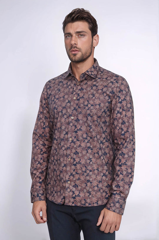 Bloom Patterned Brown Slim Fit Shirt - Wessi