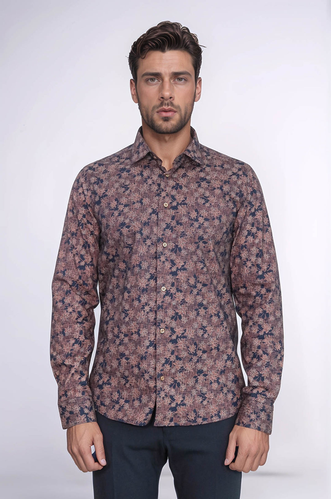 Bloom Patterned Brown Slim Fit Shirt - Wessi