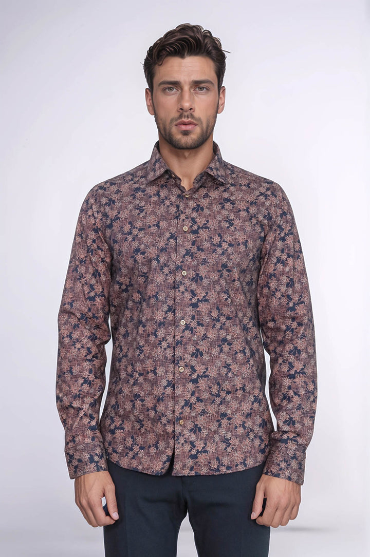 Bloom Patterned Brown Slim Fit Shirt - Wessi
