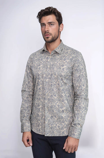 Bloom Patterned Beige Slim Fit Shirt - Wessi