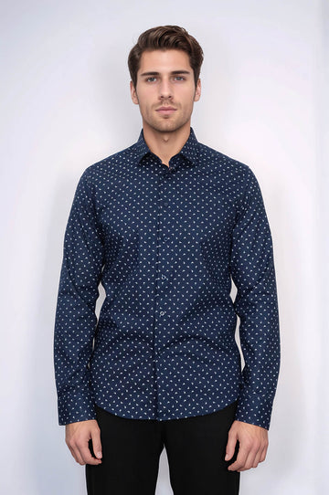 Men’s Navy Shirt with Minimal White Pattern – Wessi